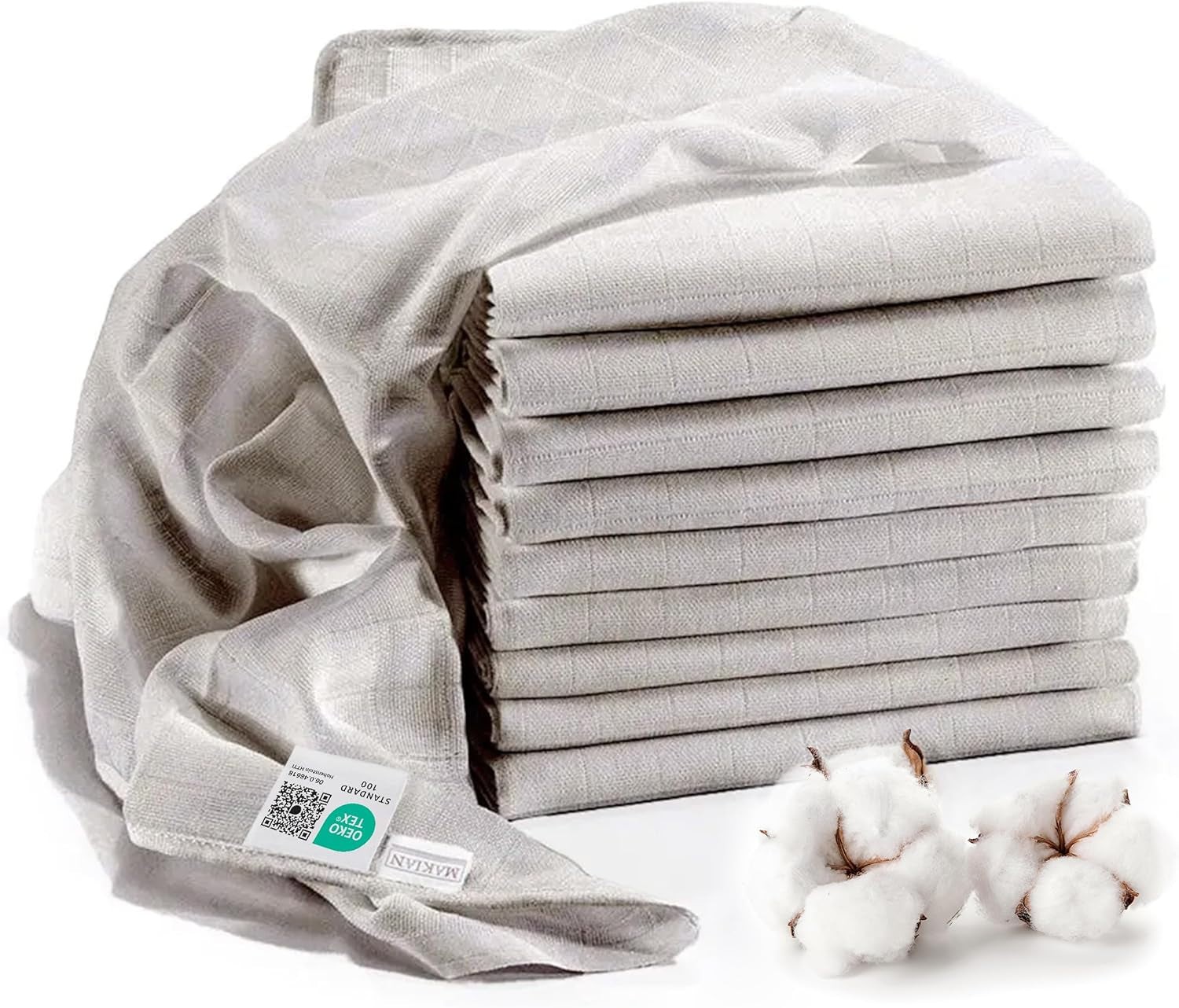 MAKIAN Muślinowe kwadraty, opakowanie 10 sztuk, 80x80cm, certyfikat Oeko-TEX® Standard 100, 10 wysokiej jakości ściereczek do odbijania - podwójnie tkane kwadraty / kwadraty muślinowe, odporne na gotowanie - białe