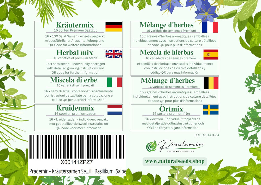 Prademir – Kräutersamen Set aus 16 beliebten Küchenkräutern – Kräuter Anzuchtset mit 100% Natursamen aus Portugal – Kräuter Saatgut aus Oregano, tymianek, majeranek, rozmaryn, koper, bazylika, szałwia uvm