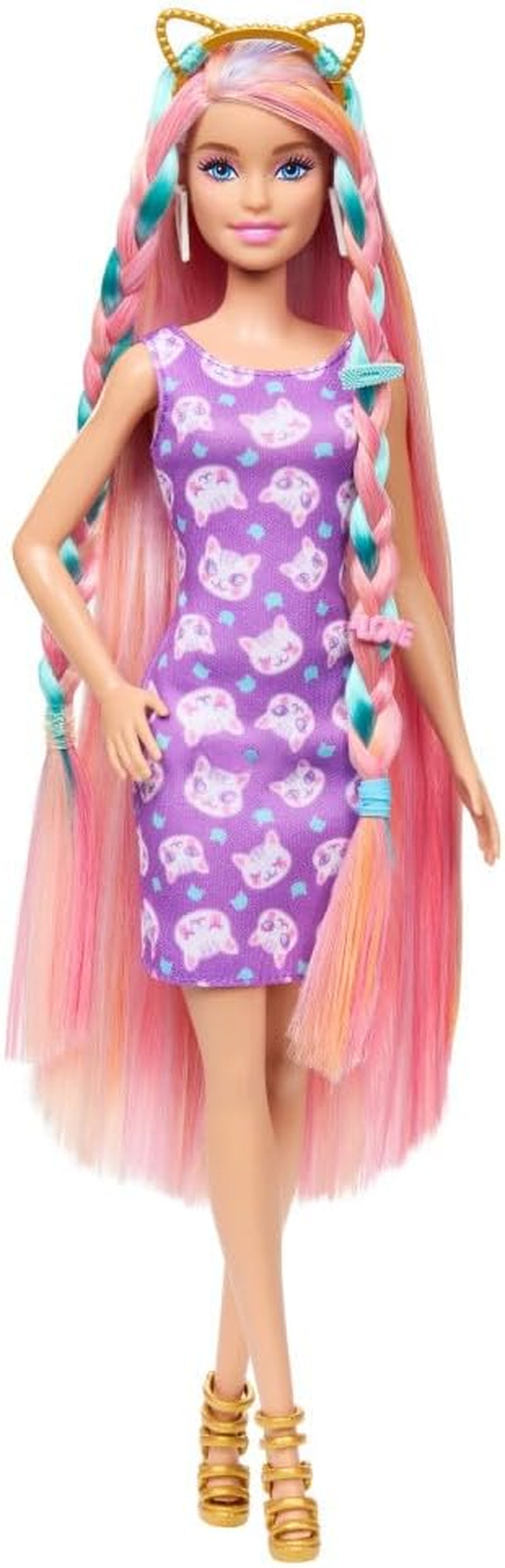 Barbie Totally Hair - Păpușă cu păr curcubeu extra lung, ușor de coafat și 10 accesorii de modă și styling, rochie cu buline și blocuri de culoare, pentru copii cu vârsta de 3 ani și peste, HKT96