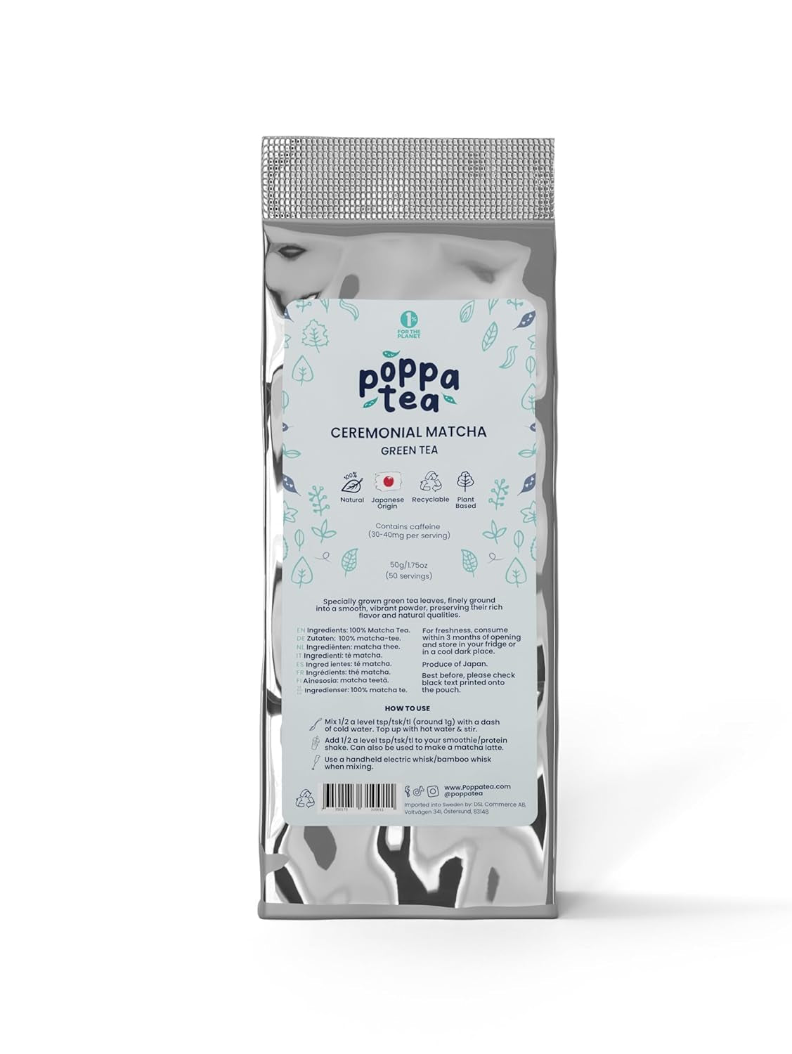Poppatea Matcha Tea - Ceremonial - Frunze de ceai verde japonez (pungă de reumplere de 50 g, Matcha cu Chai)