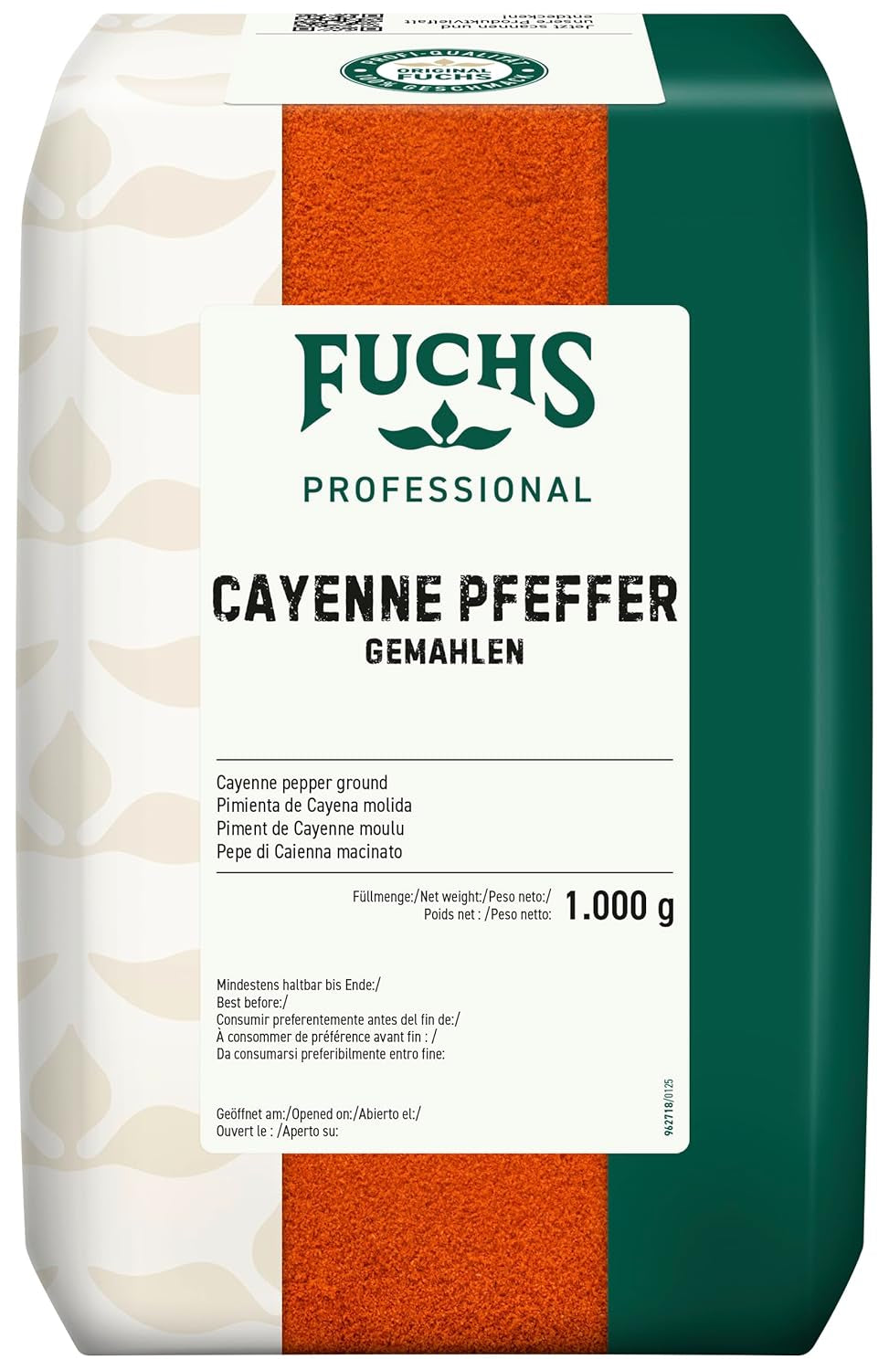 Fuchs Professional - Cayenne Pfeffer gemahlen | Scharfes Gewürz für Chili con Carne | Profi-Qualität für Großverbraucher und Gastronomie | Worek 1 kg nadający się do recyklingu