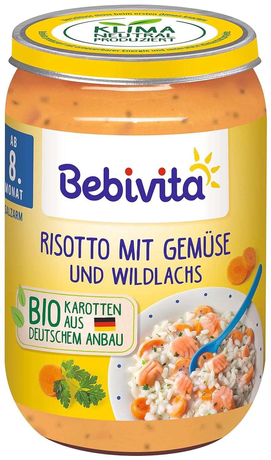 Menu Od 8 miesiąca Spaghetti Bolognese, opakowanie 6 szt. (6 X 220 gramów), średnie Matka i Dziecko Naty Shop Średnie Risotto z warzywami i dzikim łososiem