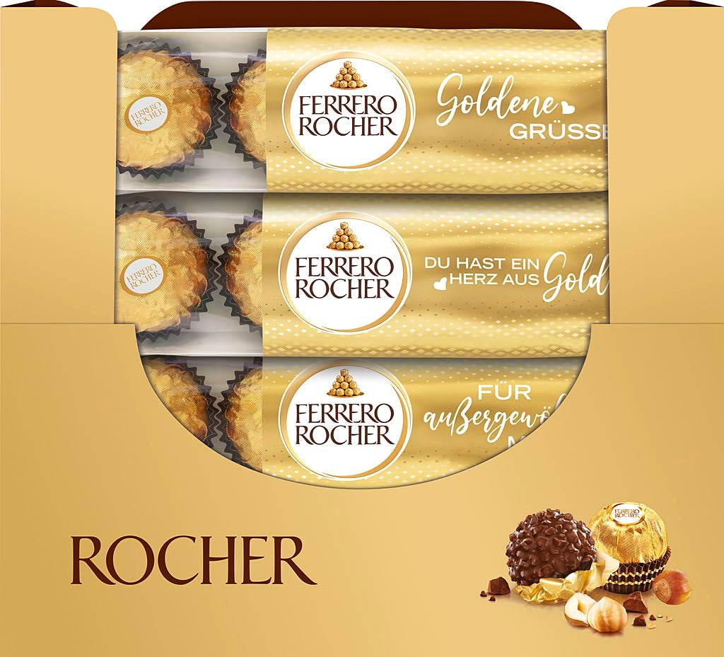 Ferrero Rocher - Chrupiące i kremowe praliny specjalne z orzechów laskowych - Prezent na Walentynki dla niego i dla niej - 16 opakowań po 4 pojedyncze praliny