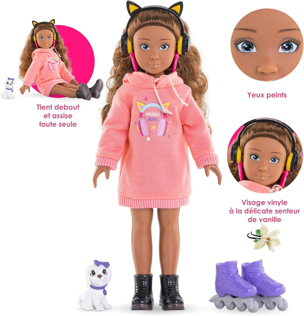 Corolle Girls Melody Music und Fashion Set, Ankleidepuppe im coolen Hoodiekleid mit Hund, trendy Kopfhörer, Ohrringe und extra Inlineskates, Vanilleduft, 28cm, ab 4 Jahren