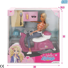 Isabella Gelenkpuppe mit Roller, 30 cm, Motorrad-Spielzeug, w tym akcesoria, Sonnenbrille, Handy, Selfie-Halterung, Helm, Orzeźwienie, Puppen für Mädchen, Geschenke ab 3 Jahren (47812)