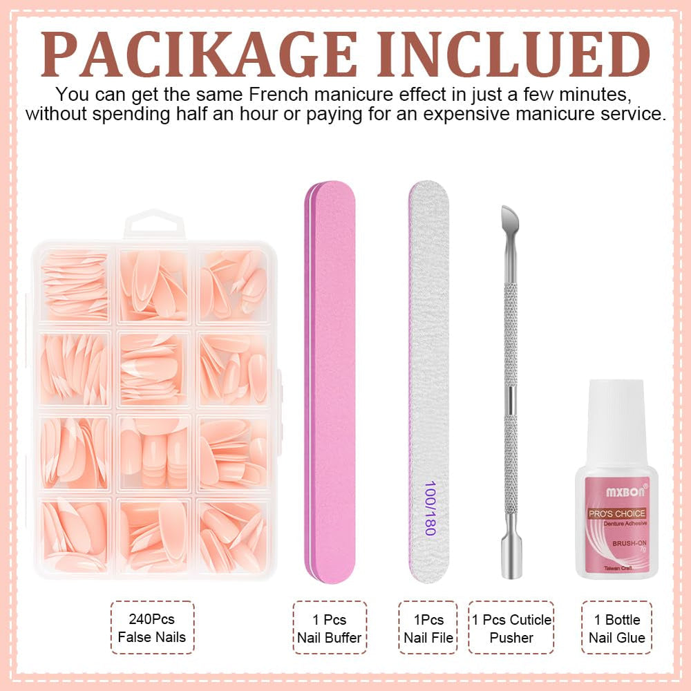 Set de 240 de vârfuri pentru unghii false, unghii false franțuzești pentru lipit, set de unghii franțuzești cu presă, 12 mărimi, unghii false cu lipici pentru femei și bărbați (alb nud mediu migdală)