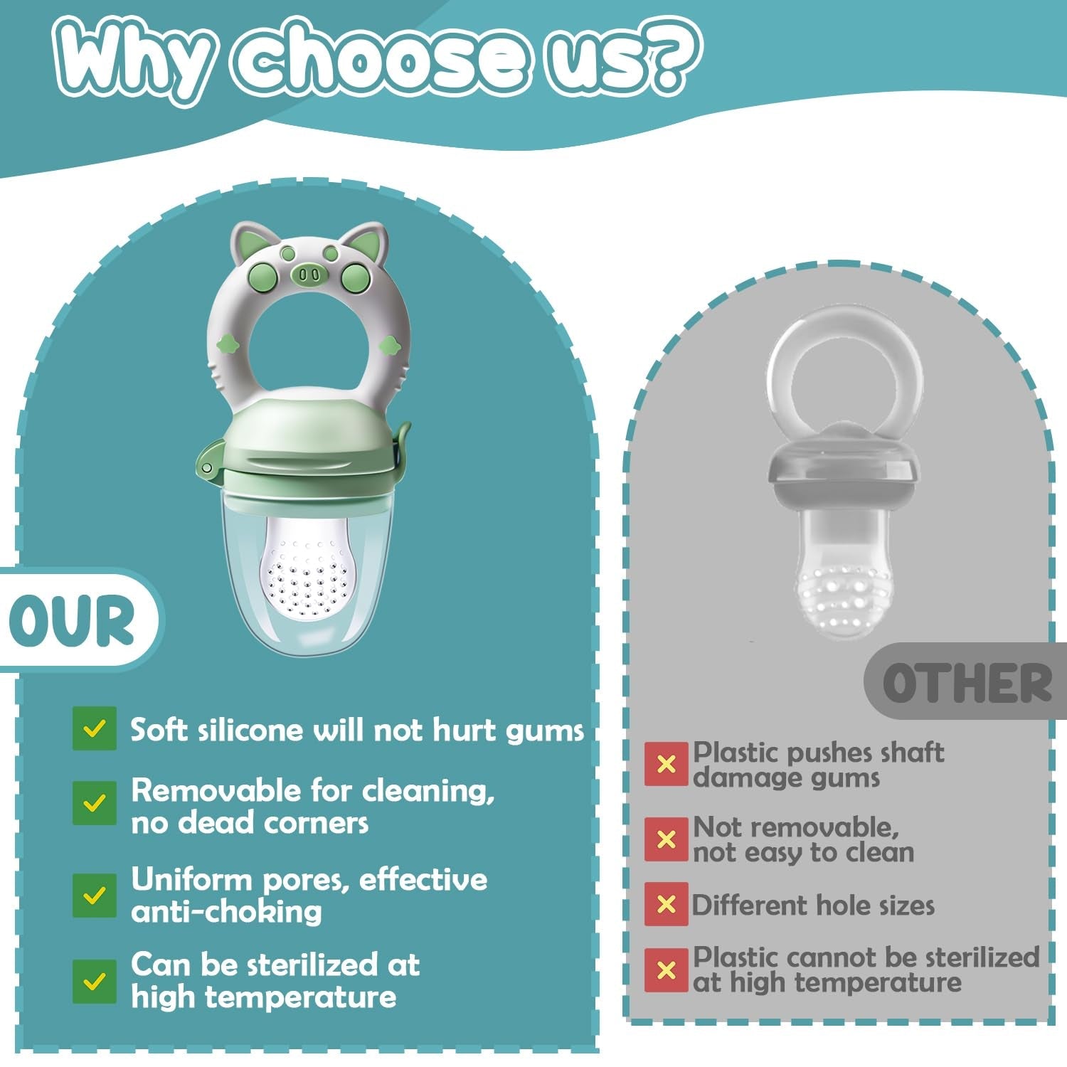 Hrănitoare cu fructe pentru bebeluși, pachet de 2 suzete cu fructe pentru bebeluși de la 3 luni în sus, versiune îmbunătățită 2023, suzete umplubile, suzete din terci, suzete cu fructe pentru bebeluși, fără BPA, 8 tetine din silicon în 3 dimensiuni