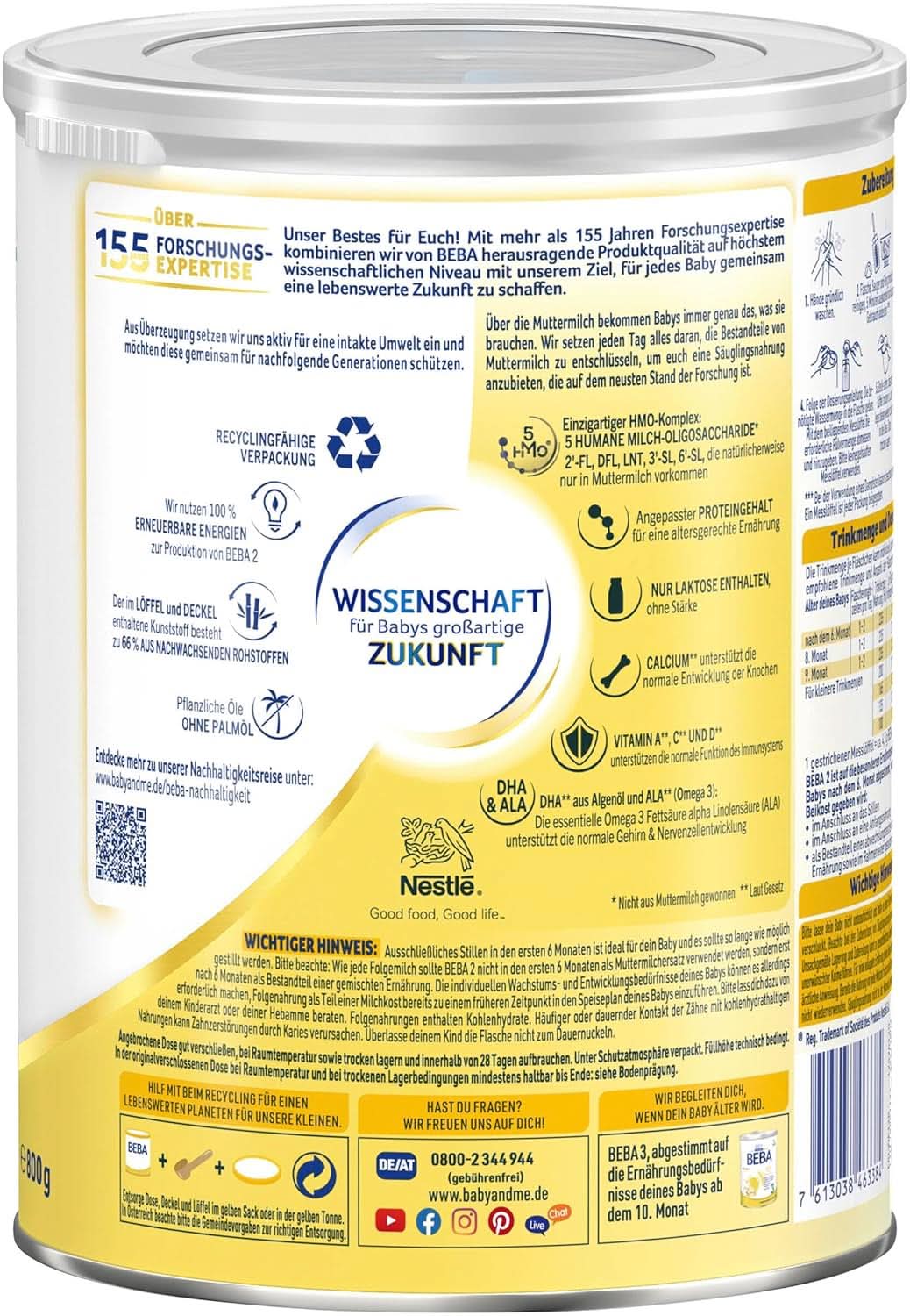 Nestle BEBA 2 Mleko następne w proszku po 6 miesiącu, z kompleksem 5 HMO, tylko laktozą, bez oleju palmowego, opakowanie 3 szt. (3 X 800 G) Matka i Dziecko Naty Shop