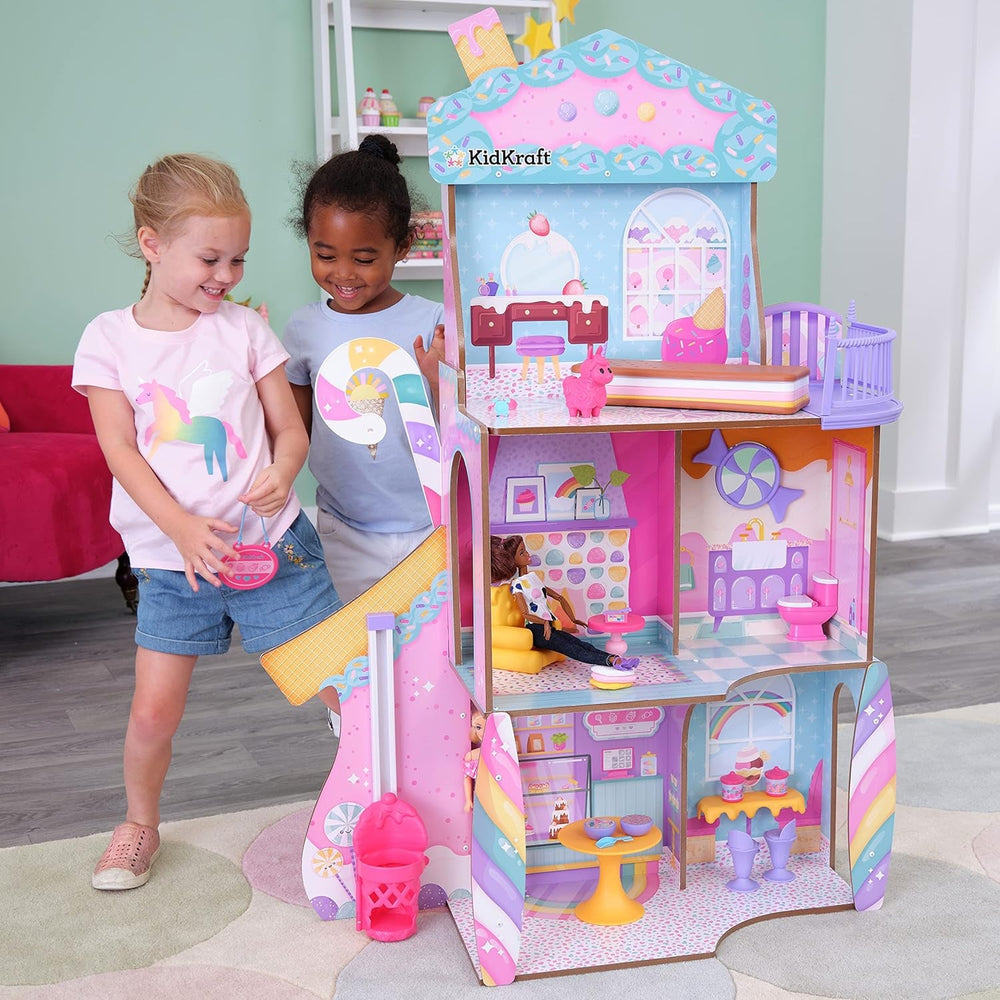 Casă de păpuși din lemn Kidkraft Candy Castle cu mobilier și accesorii, casă cu figurină Llama Unicorn, lift pentru tort de înghețată și scaun de cauciuc pentru păpuși, jucărie pentru copii de la 3 ani, 20242 Casute de papusi Naty Shop