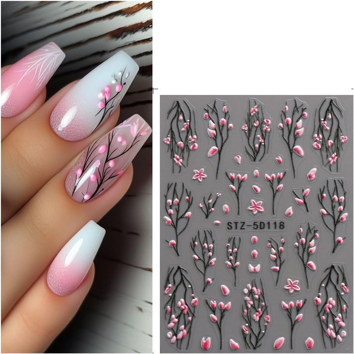 JMEOWIO 3D Nagelsticker Blume Nail Art Sticker Selbstklebend Nagelaufkleber 5D Stereoskopisch Frühling Sommer Floral Dekoration Nageldesign Zubehör 4 Blatt