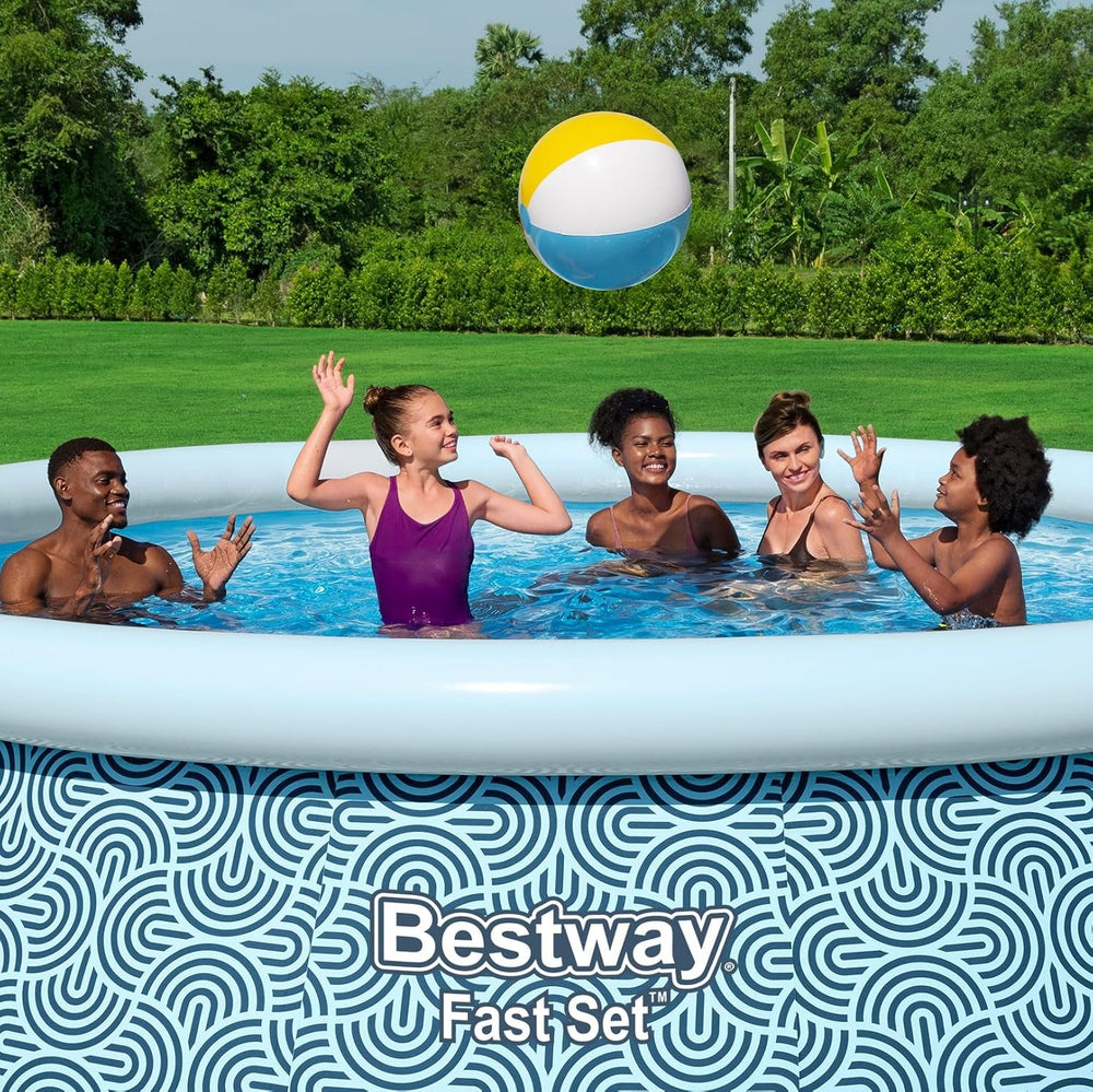 Set piscină supraterană Bestway Fast Set cu pompă de filtrare, Ø 396 x 84 cm, 7.340 litri, material TriTech cu 3 straturi, design grafic cu linii, autoasamblare, pompă de filtrare, cartuș de filtrare, plasture de reparare