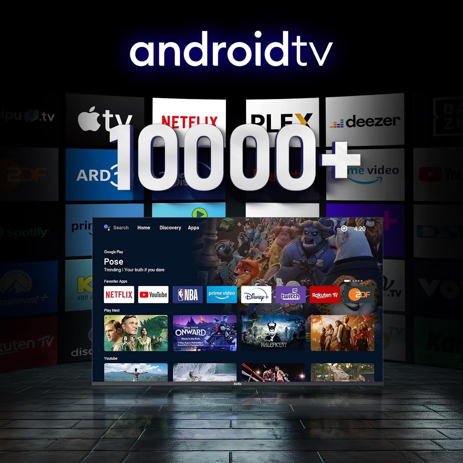 TuTu TUS43UQ1A Smart TV 43 inch (108 cm) 4K UHD LED TV Android TV cu WLAN, HDR, triplu tuner DVB-C/S/S2/T/T2, Bluetooth, Prime Video, Netflix, YouTube, DAZN, Disney+