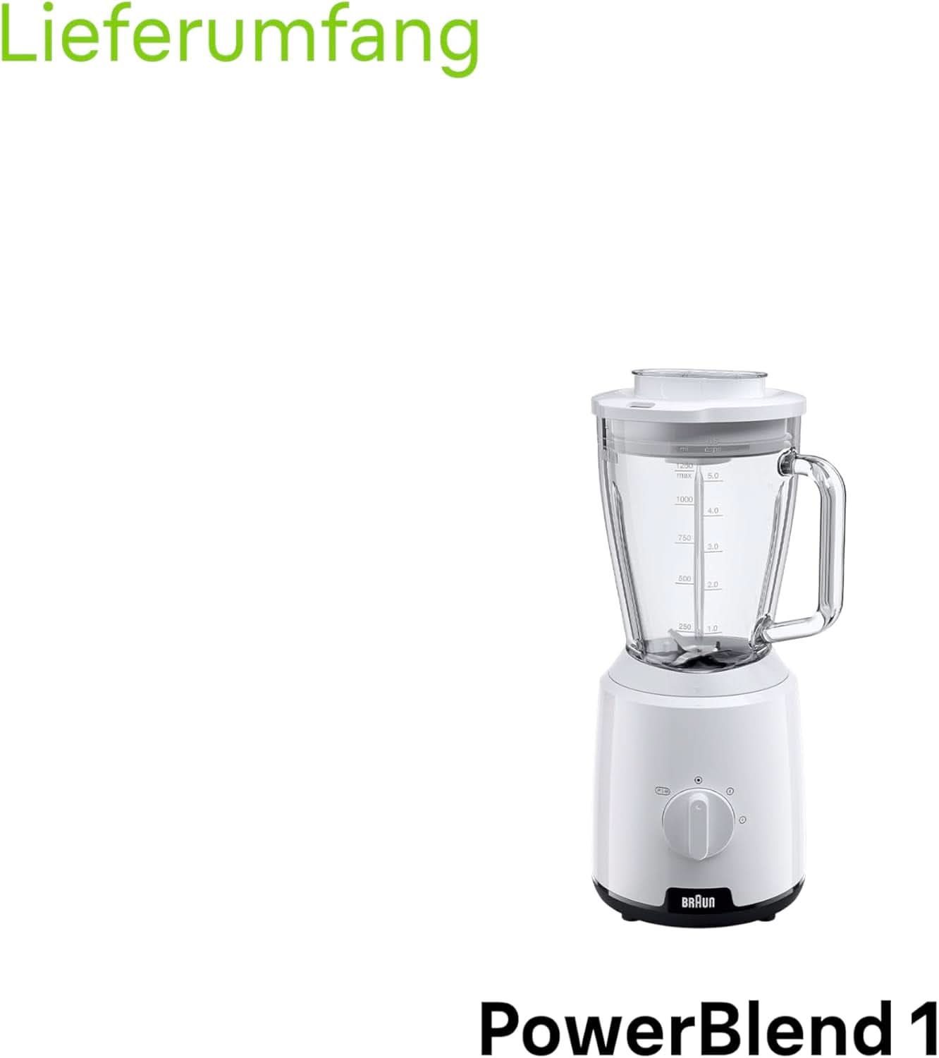 Braun Powerblend 1 JB1050WH - Mikser stojący Mit 1,5 L Glas-Mixaufsatz, Küchenhelfer Zum Zerkleinern, Pürieren & Mixen, Funkcja kruszenia lodu, 2 Geschwindigkeiten, 600 Watt, Weiß Kitchen Naty Shop