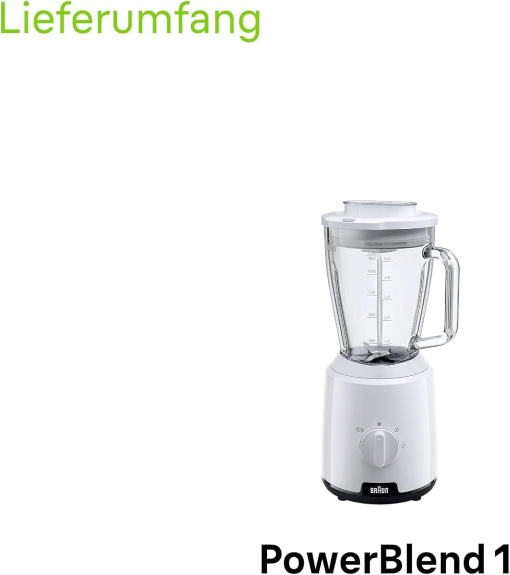 Braun Powerblend 1 JB1050WH - Mikser stojący Mit 1,5 L Glas-Mixaufsatz, Küchenhelfer Zum Zerkleinern, Pürieren & Mixen, Funkcja kruszenia lodu, 2 Geschwindigkeiten, 600 Watt, Weiß Kitchen Naty Shop