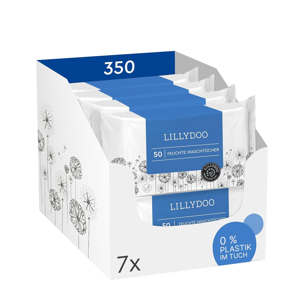 LILLYDOO Chusteczki nawilżane, 50 szt., 100% bez plastiku, bardzo duże, bezzapachowe