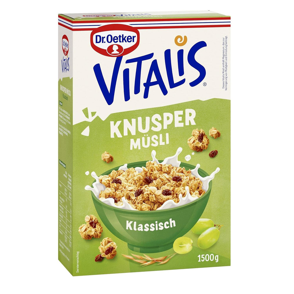 Dr. Oetker Vitalis Classic Crispy Muesli: Duże opakowanie chrupiącego musli śniadaniowego z rodzynkami, 1 opakowanie, 1,5 kg