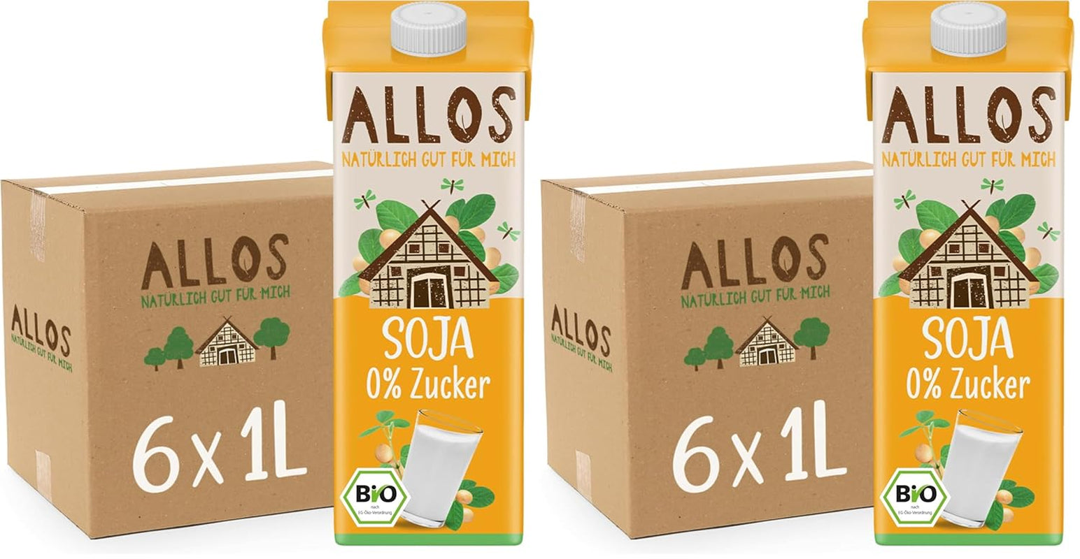 Allos Bio Sojadrink ohne Zucker | Milchalternative aus Soja | Napój sojowy | Napój na Pflanzenbasis | napój wegański | ohne zugesetzten Zucker | wegańskie | bez laktozy | 1 litr (6 sztuk)