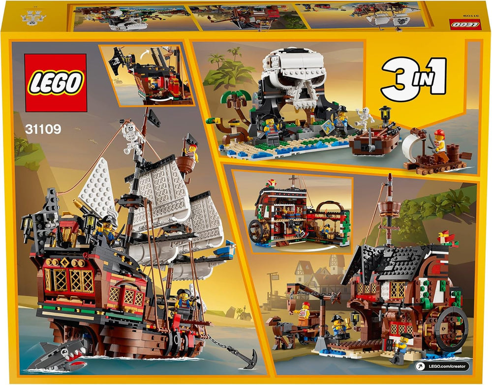 LEGO Creator Zestaw statku pirackiego 3 w 1, zabawka z 3 opcjami budowania, zbuduj piracką tawernę lub wyspę piratów Czaszki, zawiera 3 minifigurki do odgrywania przygód 31109 Zestawy do budowania Besuche den LEGO-Store