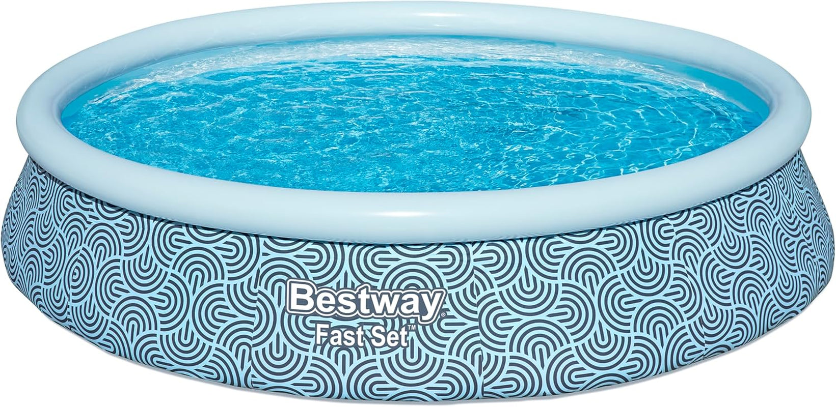 Set piscină supraterană Bestway Fast Set cu pompă de filtrare, Ø 396 x 84 cm, 7.340 litri, material TriTech cu 3 straturi, design grafic cu linii, autoasamblare, pompă de filtrare, cartuș de filtrare, plasture de reparare