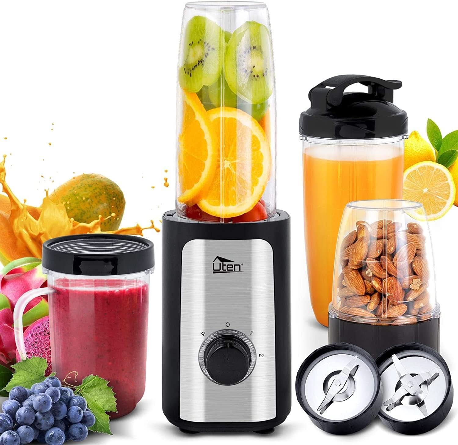 Uten Mikser stojący 2L, 1800 W Mikser Hochleistungsmixer, Pulse i 5 Geschwindigkeiten, Edelstahlgehäuse, 6 Klingen, Macht Milchshake-Smoothies, Mahlbare Kaffeebohnen Matka i dziecko Naty Shop 700Ml(4 w 1)+380W+3 Gang