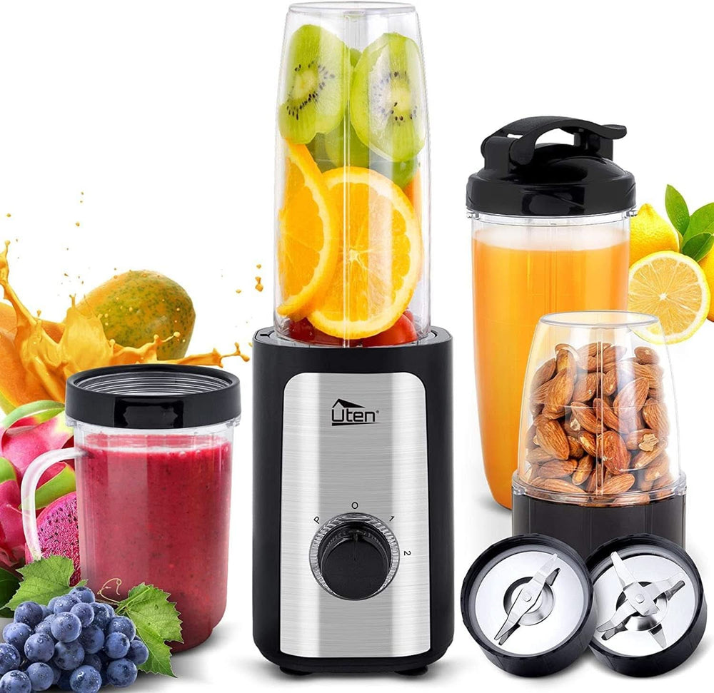 Uten Mikser stojący 2L, 1800 W Mikser Hochleistungsmixer, Pulse i 5 Geschwindigkeiten, Edelstahlgehäuse, 6 Klingen, Macht Milchshake-Smoothies, Mahlbare Kaffeebohnen Matka i dziecko Naty Shop 700Ml(4 w 1)+380W+3 Gang