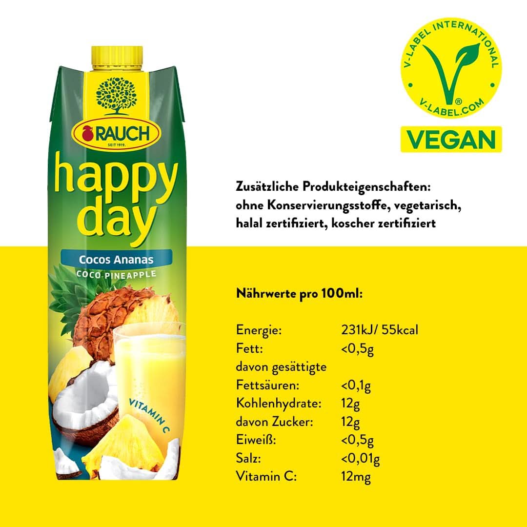 Rauch Happy Day Kokosowo-Ananas | Wycieczka na Karaiby | Sok owocowy ananasowy i woda kokosowa | 6 x 1 litr, Tetra Prisma Napoje bezalkoholowe Naty Shop