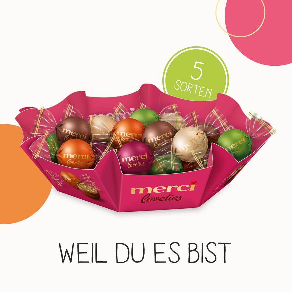 merci lovelies Classic – 1 x 185 g – Pudełko pralin z 5 nadziewanymi specjałami czekoladowymi – Kulki czekoladowe do dzielenia się i dawania w prezencie