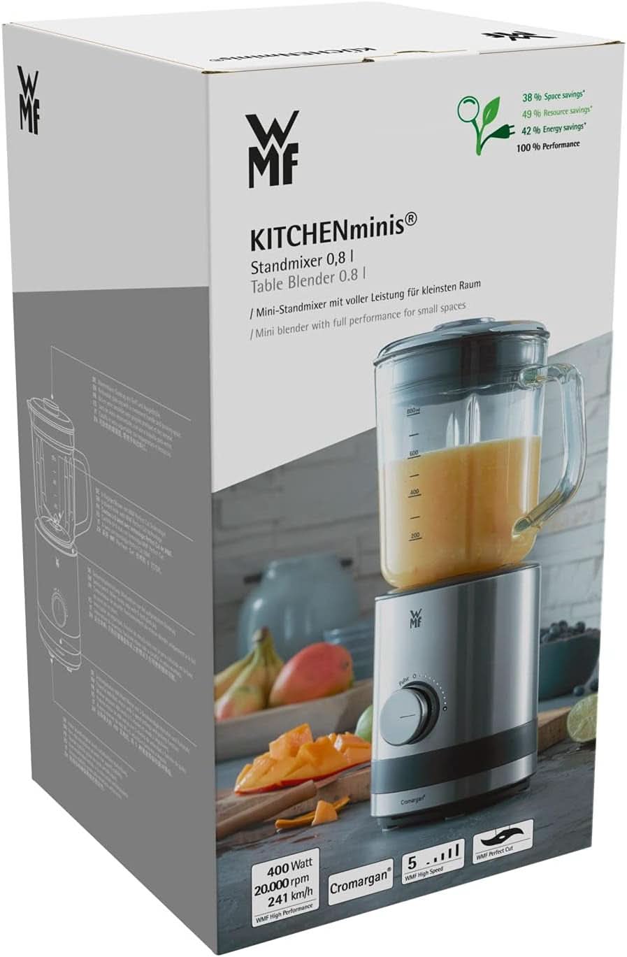 WMF Küchenminis Kompaktmixer, Mini mikser stojący, 400 Watt, mikser stojący Klein, Glasbehälter 0,8 L, Pulsstufe, Cromargan Matt Kitchen Naty Shop