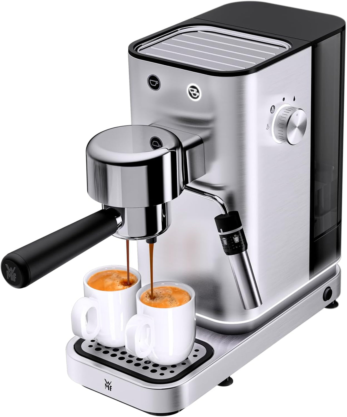 Espressor WMF Lumero, portafiltru, 1400 wați, portafiltru, 3 inserții, pentru 1-2 cești de espresso, inclusiv pentru capsule, 15 bar, suport pentru cești, spumator de lapte, oțel inoxidabil mat