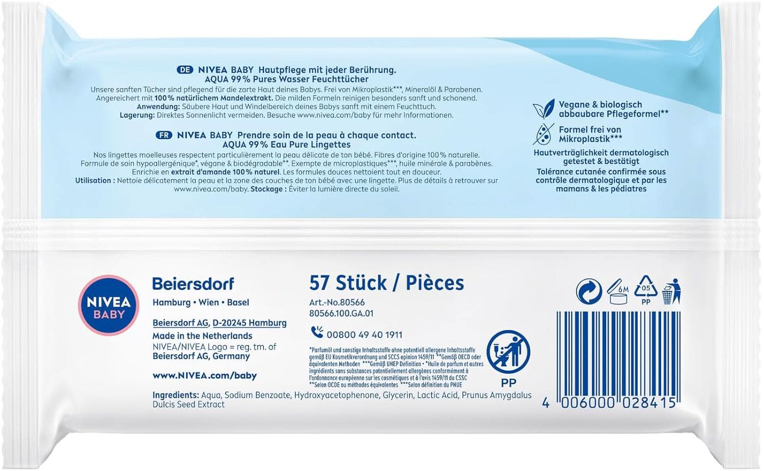 NIVEA Baby AQUA Feuchttücher, Baby Feuchttücher Zur Sanften Reinigung Empfindlicher Haut, Hypoallergene Und Parfümfreie Feuchttücher Für Babies Mit 99% Wasser (1 X 57 Stück) Chusteczki nawilżane dla niemowląt Naty Shop