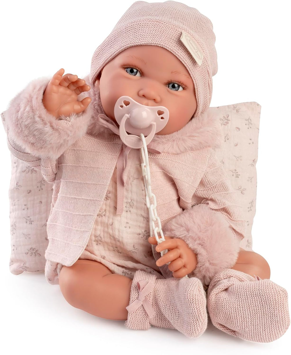Antonio Juan Puppen für Neugeborne, Winterpfeife, realistyczny Babypuppe, 42 cm, z różowym ubrankiem, w zestawie smoczek i poduszka