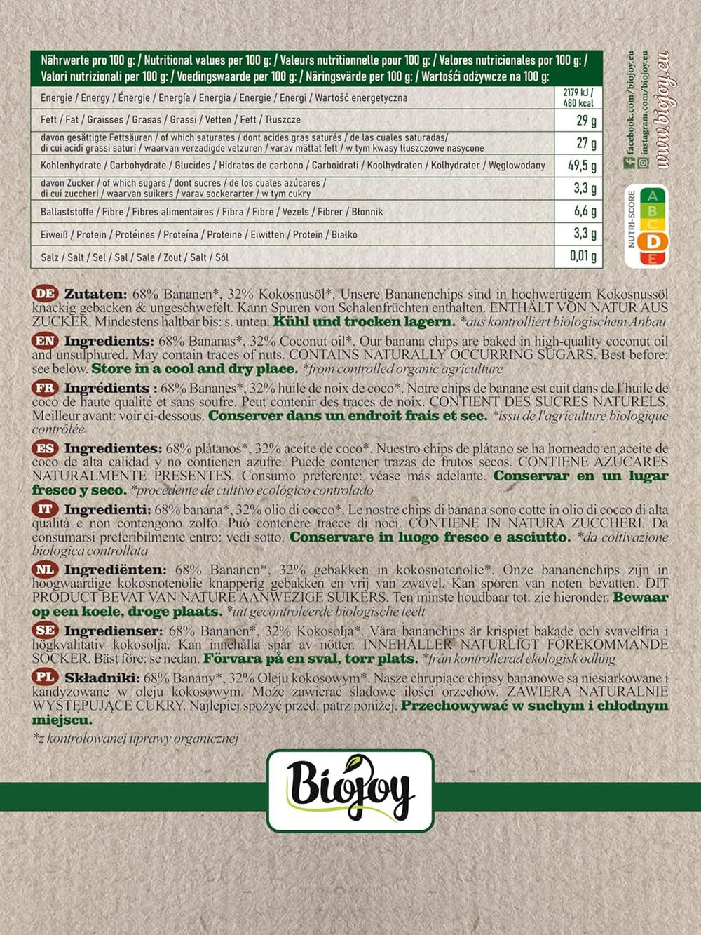 Biojoy chipsuri de banane ecologice (500 g), uscate și nesulfurate Produse deshidratate Naty Shop