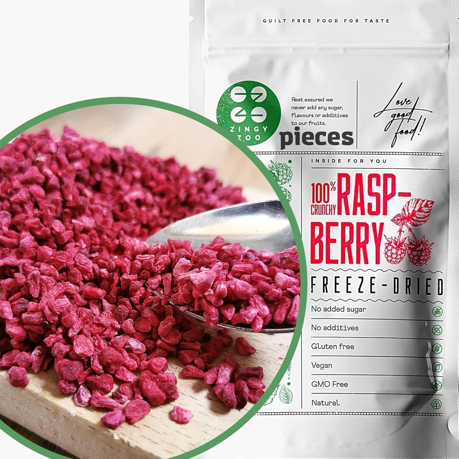 Bucăți de zmeură liofilizate | Fructe liofilizate liofilizate | Zmeură liofilizată fără gluten | Zmeură liofilizată | ZingyZoo (100g) Produse deshidratate Naty Shop 100G