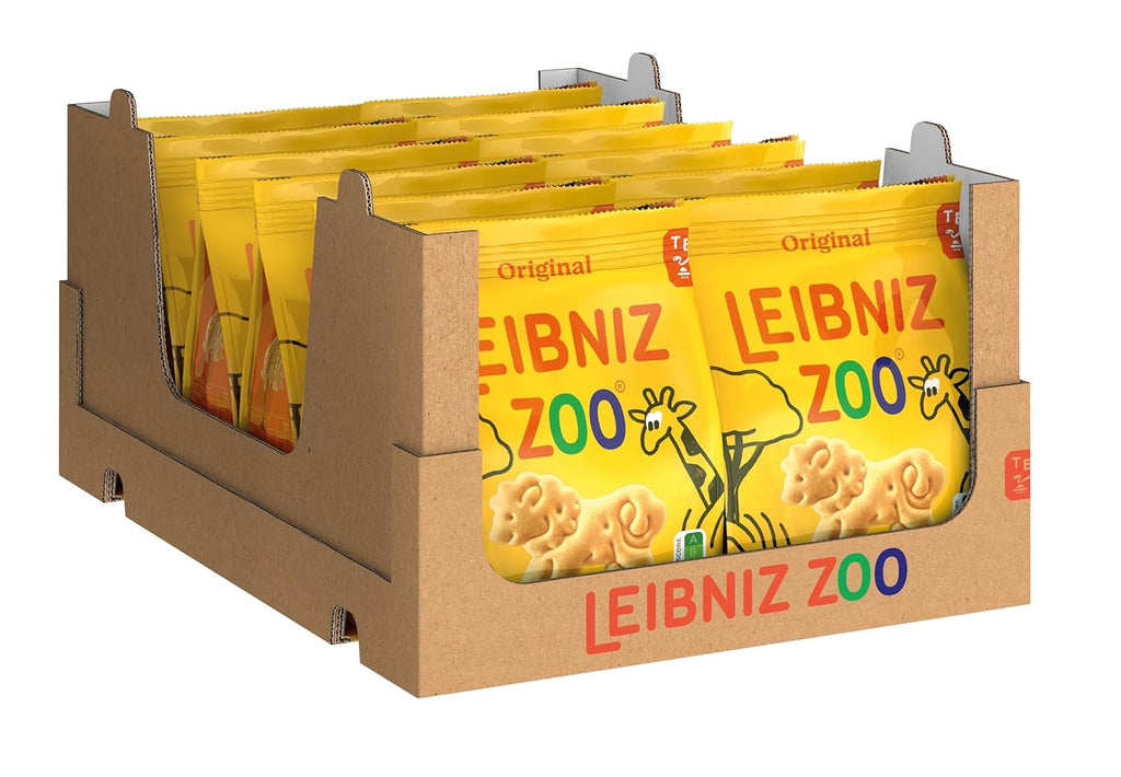 LEIBNIZ ZOO -30% Zahăr, Pachet de 12, Fursecuri cu unt cu motive animale, Fursecuri crocante cu mai puțin zahăr, Pachet vrac pentru stoc sau pentru vânzare (12 x 125 g)