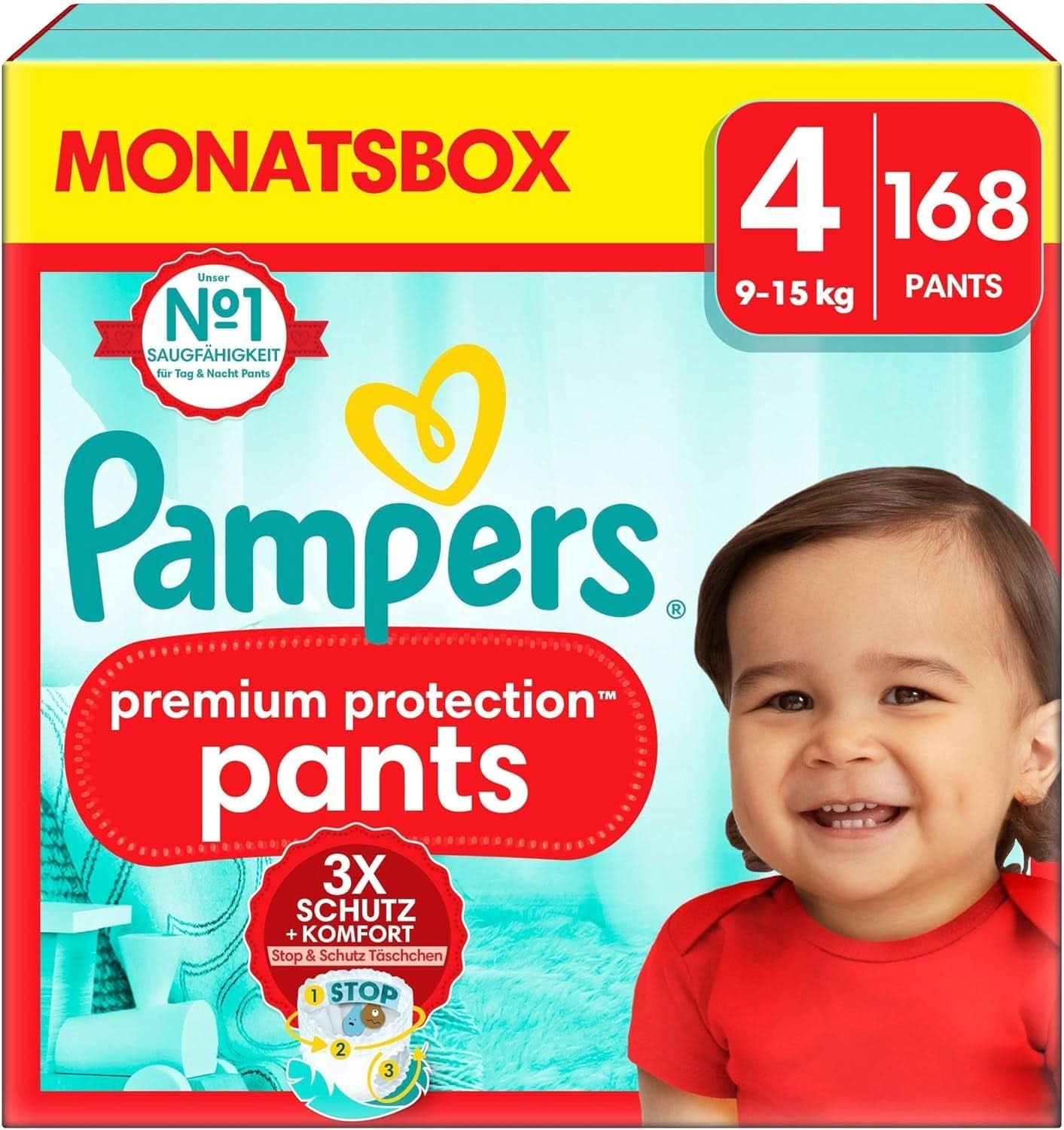 Pampers Baby Nappies Spodnie rozmiar 5 (12-17Kg) Premium Protection, Junior z kieszenią Stop and Protect, 144 pieluchy Majtki Matka i Dziecko Naty Shop 4 (168 szt.) Spodnie Premium Protection
