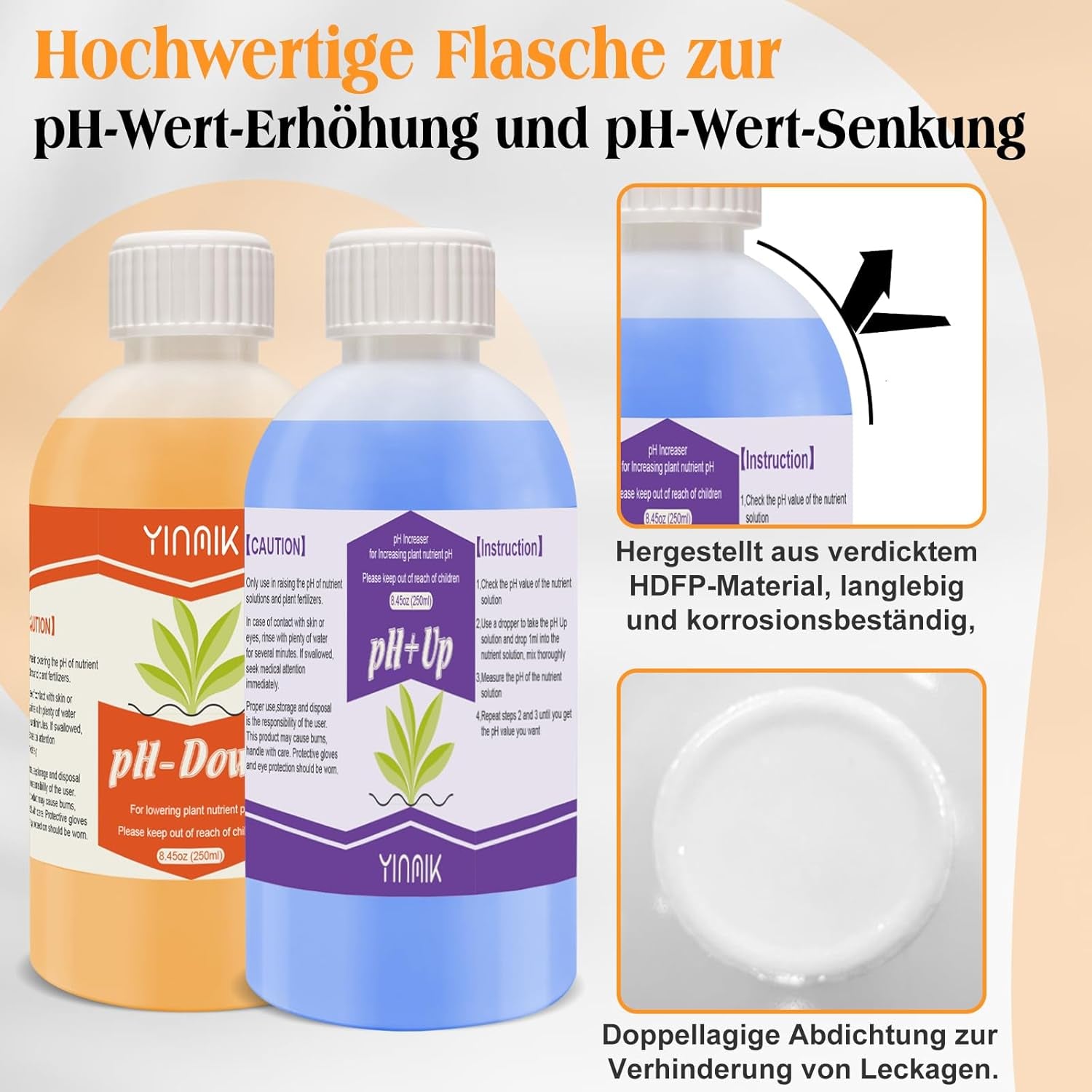 Regulator pH do hydroponiki, Płyn zwiększający i zmniejszający pH, Płyn regulujący pH do obniżania lub zwiększania wartości pH, Bufor Premium 250 ml, Odpowiedni do wszystkich systemów hydroponicznych (gleba i woda)