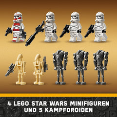 LEGO Star Wars 75372 Zestaw bojowy żołnierza klonów i droida bojowego, zawiera zestaw bojowy 4 minifigurki, 5 droidów i ścigacz ze strzelcem - Zabawka konstrukcyjna dla chłopców i dziewcząt od 7. roku życia Zestawy konstrukcyjne Besuche den LEGO-Store