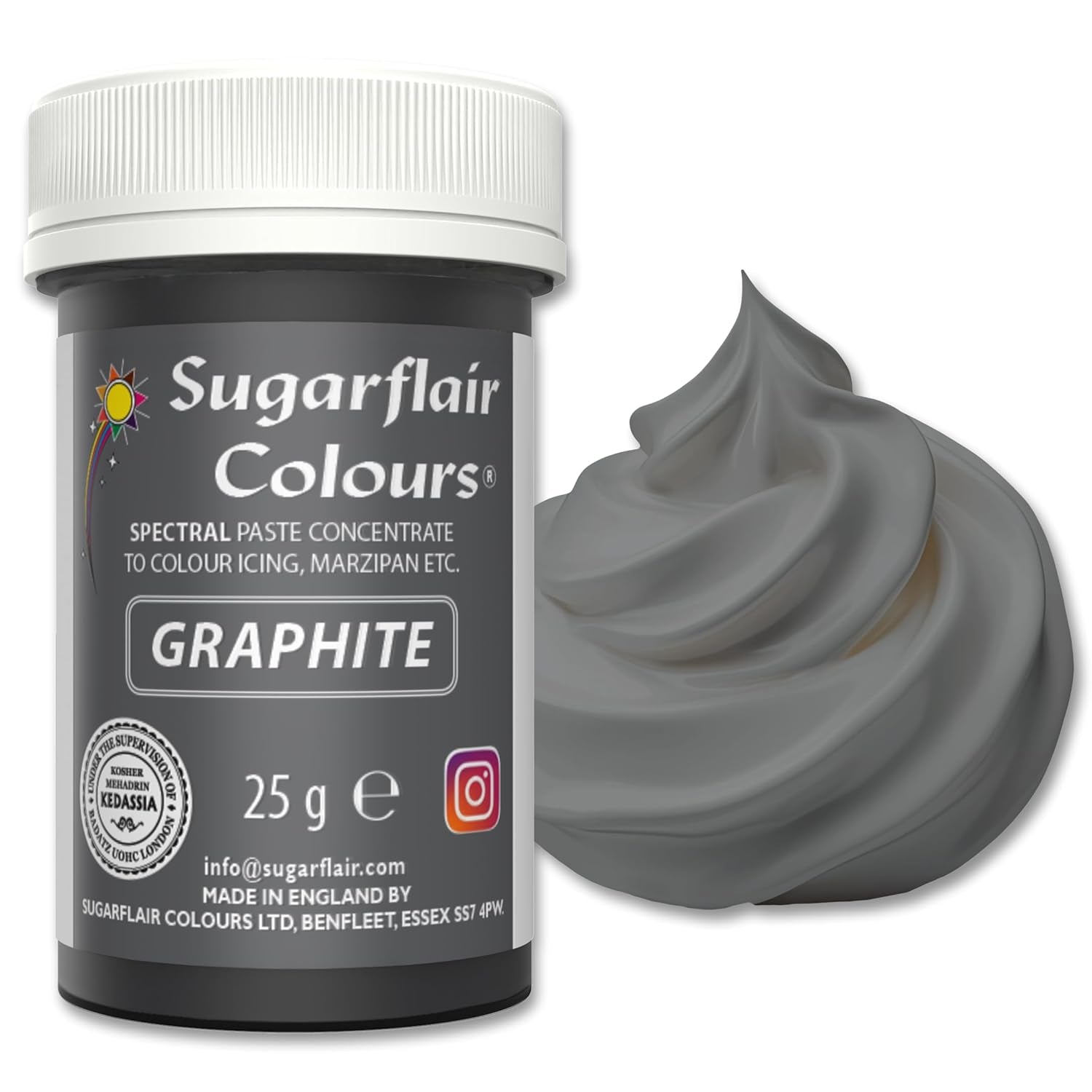 Pastă de colorant alimentar Sugarflair Grafit, colorant alimentar spectral concentrat pentru cremă de unt, pastă de zahăr, glazură, mixuri pentru prăjituri, macarons și multe altele! - 25g