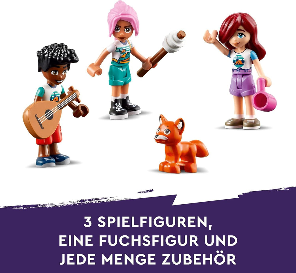 LEGO Friends Przytulne chatki na obozie przygodowym, zestaw do odgrywania ról na świeżym powietrzu, zabawka dla dziewcząt i chłopców od 7 lat z 3 figurkami i lisem, zabawka kempingowa 42624 Zestawy do budowania Besuche den LEGO-Store