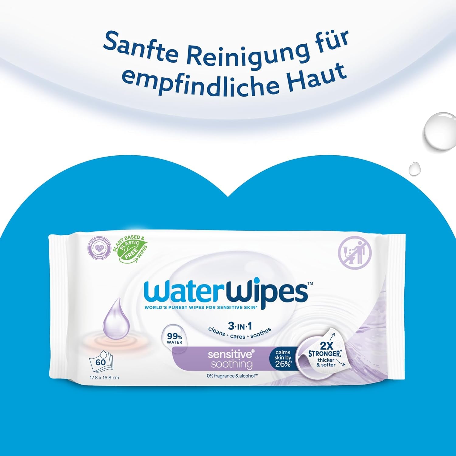 WaterWipes Sensitive+ Soothing Clean Mokre chusteczki, 720 sztuk (12 szt.), 3 w 1 oczyszczające, pielęgnacyjne i łagodzące, 99% wody z ekstraktem roślinnym, bezzapachowe chusteczki nawilżane dla dzieci
