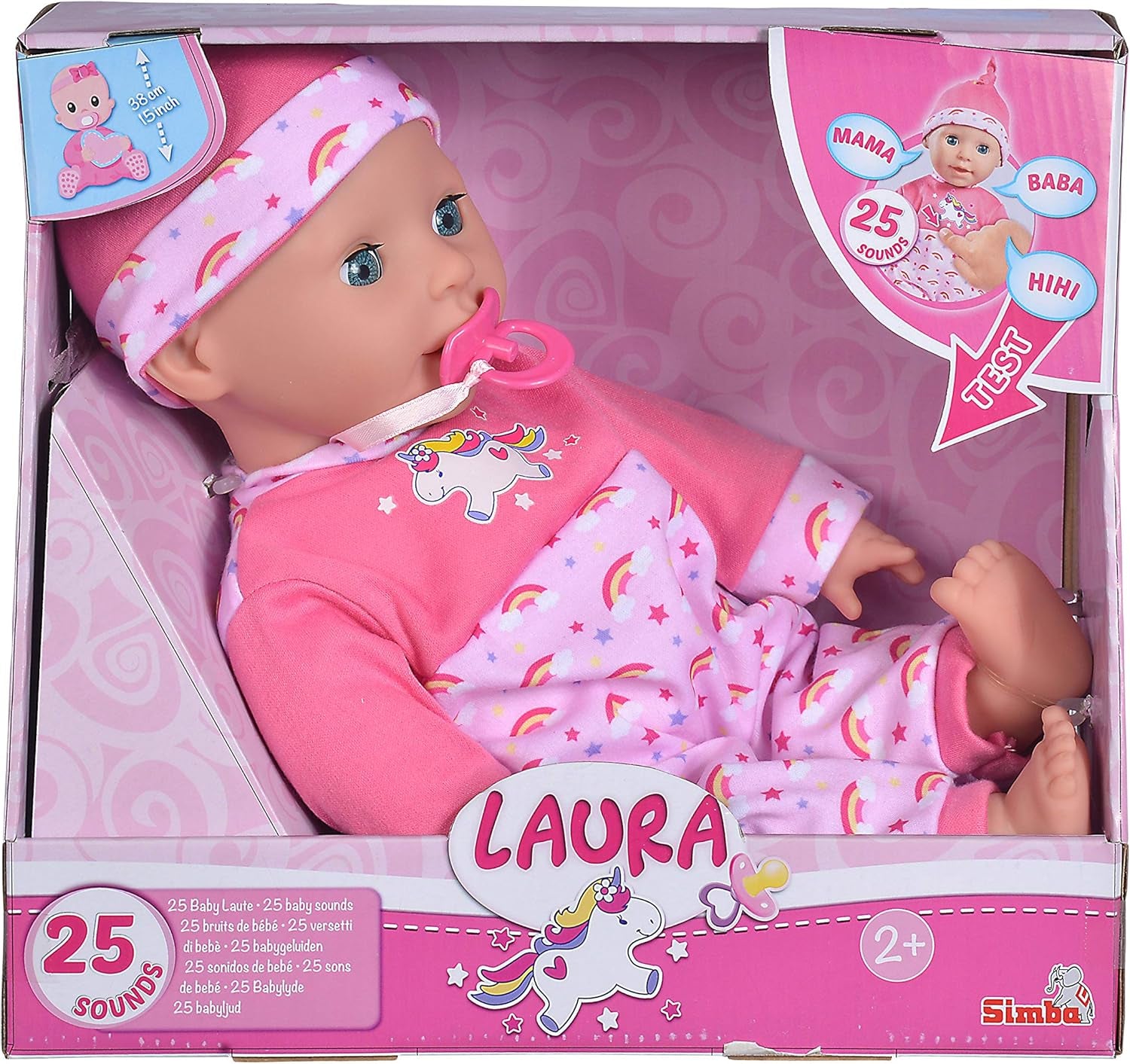 Simba 105140060 - Laura Kitzel Baby, Weichkörperpuppe mit Regenbogenstrampler, macht 25 Babylute, 38cm, Babypuppe ab 2 Jahre