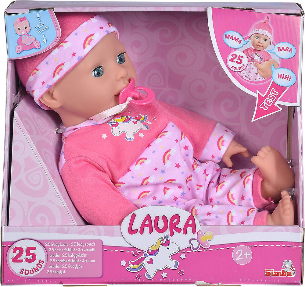 Simba 105140060 - Laura Kitzel Baby, Weichkörperpuppe mit Regenbogenstrampler, macht 25 Babylute, 38cm, Babypuppe ab 2 Jahre