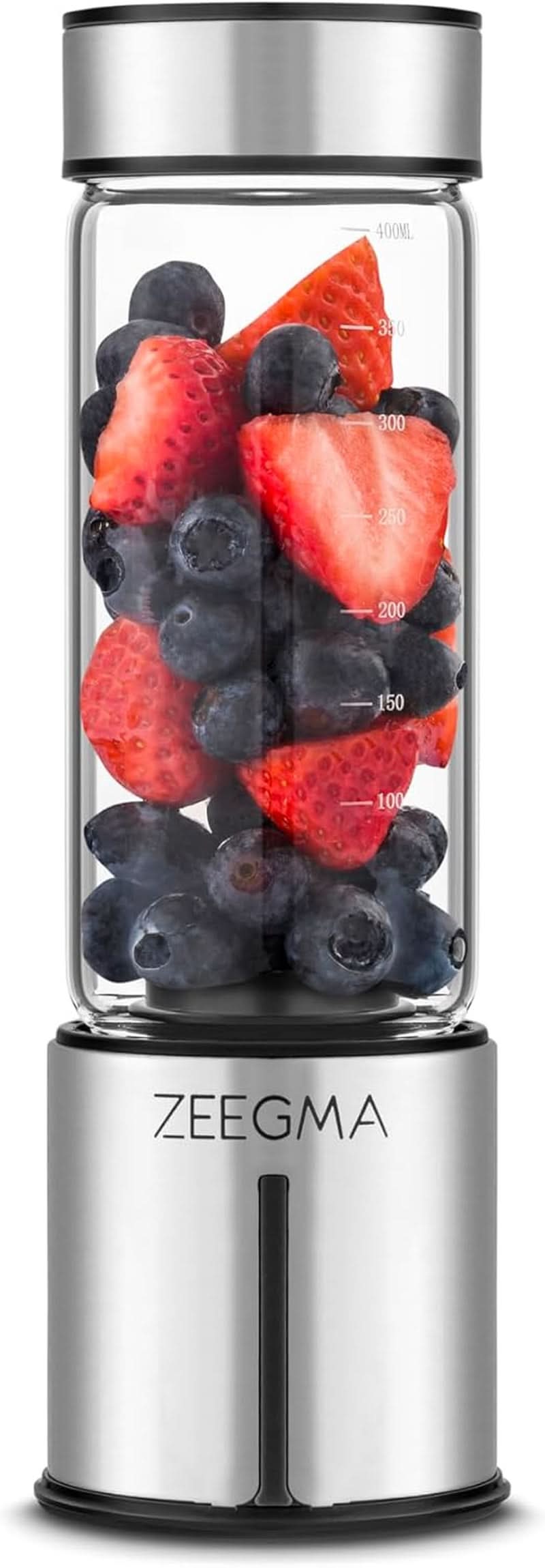 ZEEGMA Witamina GO Mikser do koktajli i koktajli 300 W, osobisty blender, minimikser 450 ml Mit 6 Klingen, 2 Geschwindigkeiten Akku 5000 Mah, 25 Anwendungen Pro Ladung Matka i dziecko Naty Shop Silver On-The-Go (szkło)