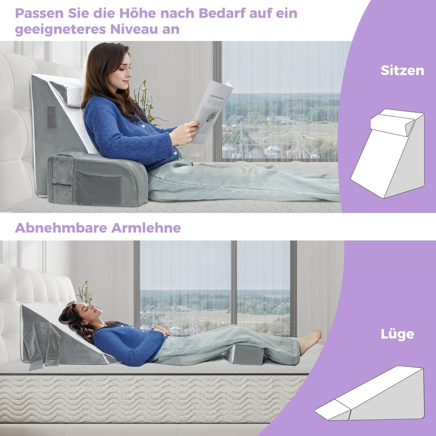 Pernă mare de citit cu bară de mâner, spumă de înaltă densitate, pernă ergonomică pentru spate, cotiere, suport pentru gât și tetieră, pernă de șezut cu reflux pentru dormit, joacă, vizionarea la televizor, pentru pat și canapea