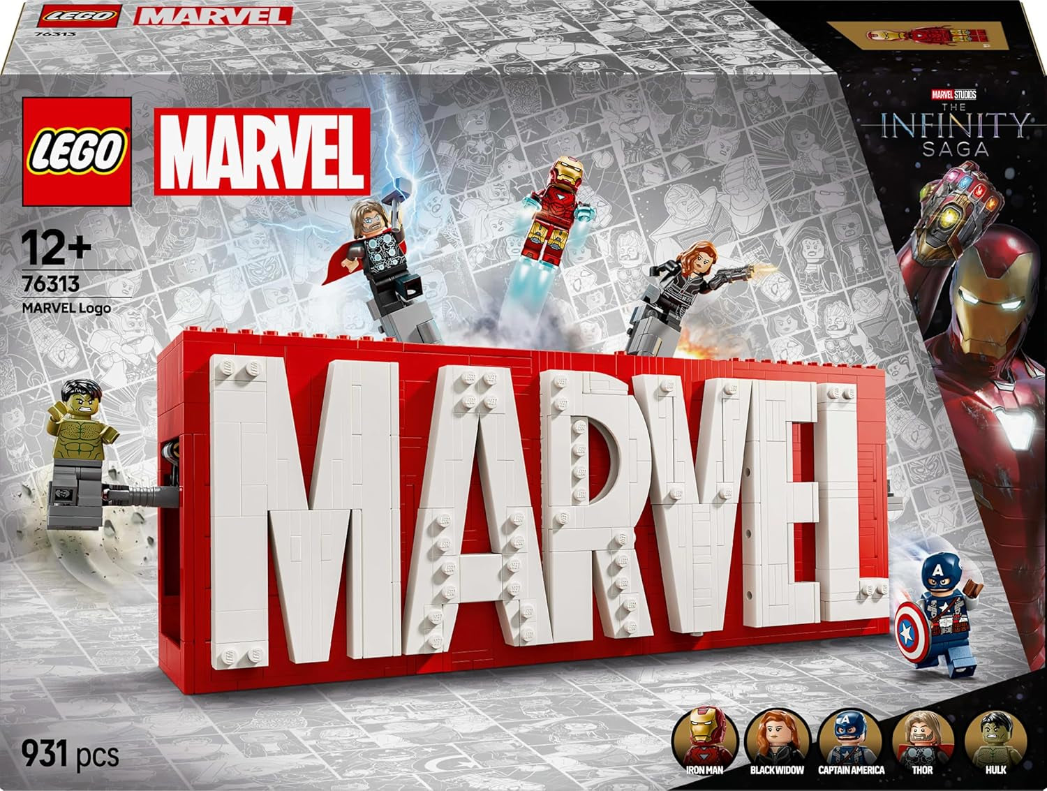LEGO Marvel: logo Marvela i minifigurki — zestaw kolekcjonerski Hulk, Thor, Iron Man, Czarna Wdowa i Kapitan Ameryka — zestaw do budowania figurek Avengersów — prezent dla chłopców i dziewcząt w wieku od 12 lat 76313 Zestawy do budowania Zobacz sklep LEGO