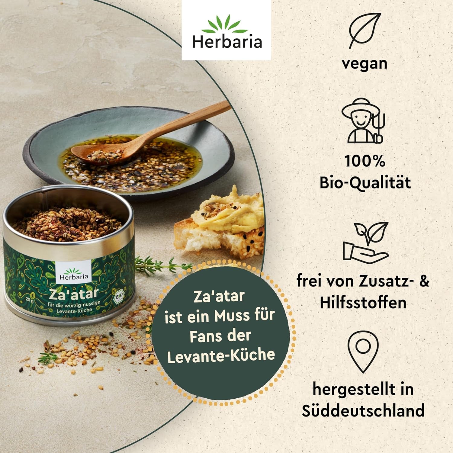 Herbaria Za'atar bio 25g S-Dose – Zaatar Gewürz, Zaatar Gewürz - orientalny Organic-Gewürmischung für Gerichte der Levante Küche - mit erlesenen Składnik - w nachhaltiger Aromaschutz-Dose