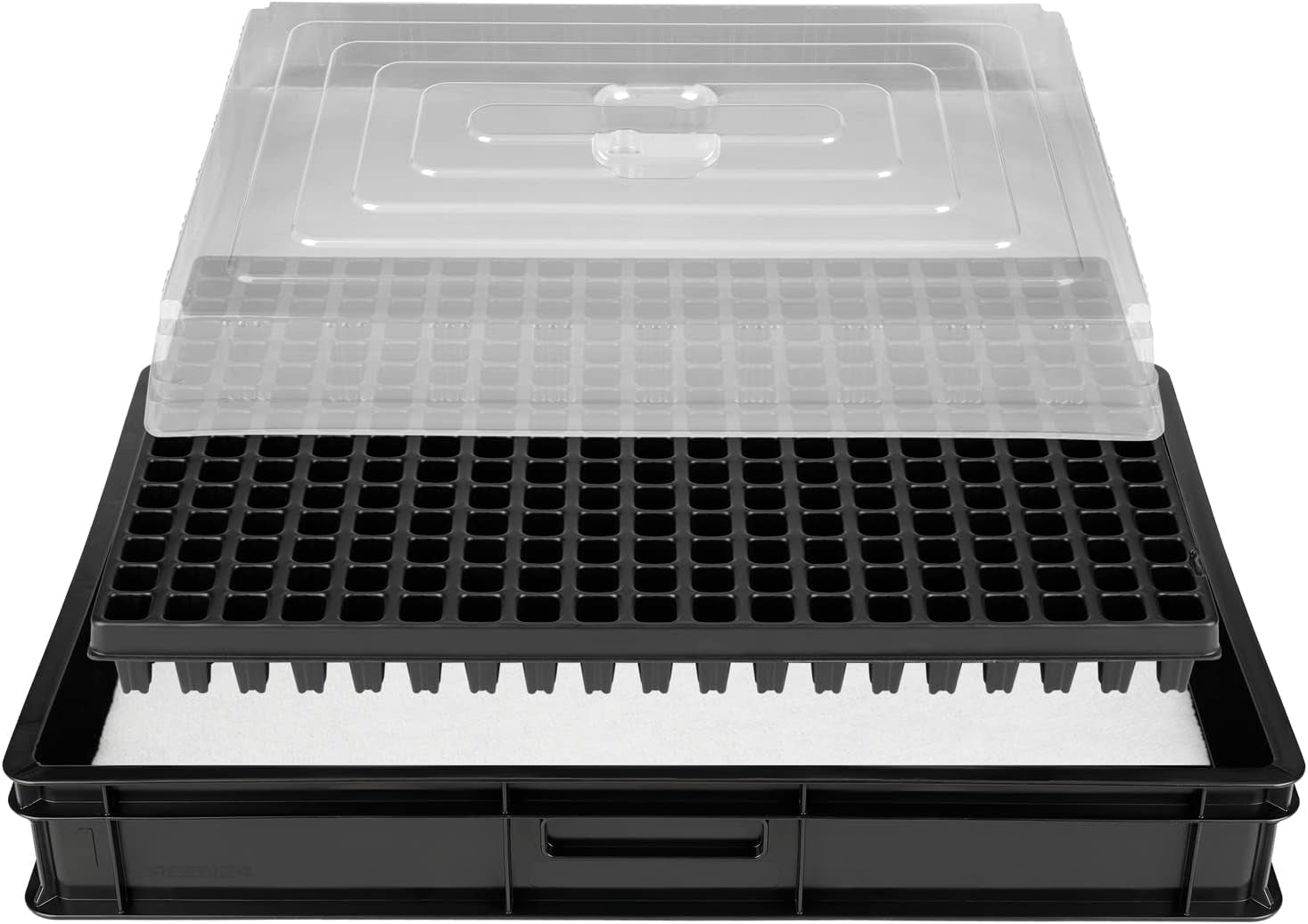 System rozmnażania GW-285 składający się z profesjonalnej tacy na wodę GW657, dopasowanej maty kapilarnej (chłonność wody 3L na m2) i tacy na doniczki z 285 doniczkami (23x23mm, wysokość 54mm) w rozmiarze Euro (600x400mm)