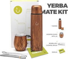 Set complet Balibetov Yerba Mate – Calabash modern, sticlă izolată, bombilla și perie de curățare incluse în livrare – Toate din oțel inoxidabil 304 18/8 de calitate premium (lemn)