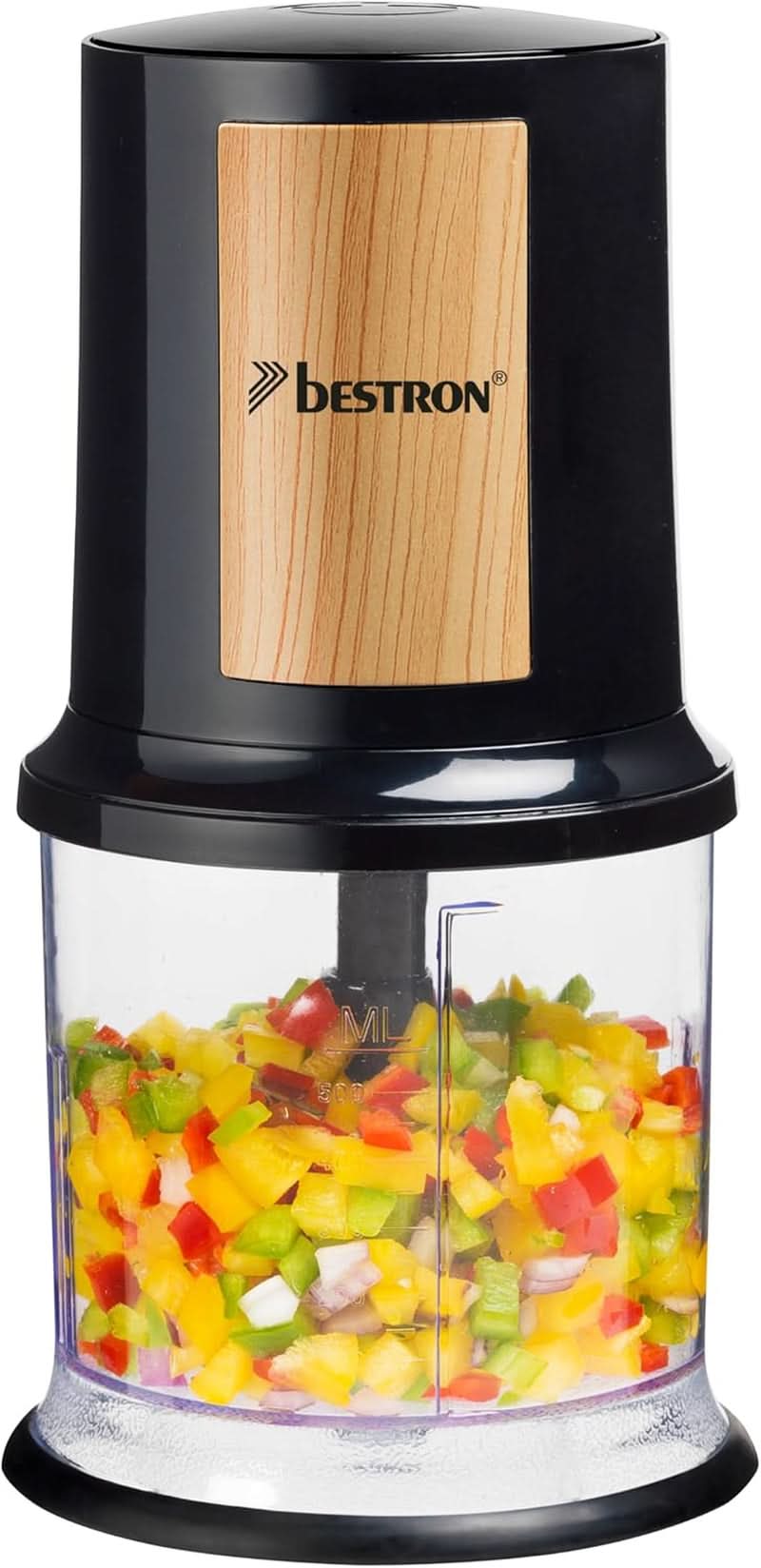 Bestron Elektrischer Multi-Zerkleinerer, Universalzerkleinerer Mit Zwei Schneidemessern & 500Ml Kapazität, Große Pulstaste, 400 Watt, Farbe: Kupfer Kitchen Naty Shop Schwarz/Holz