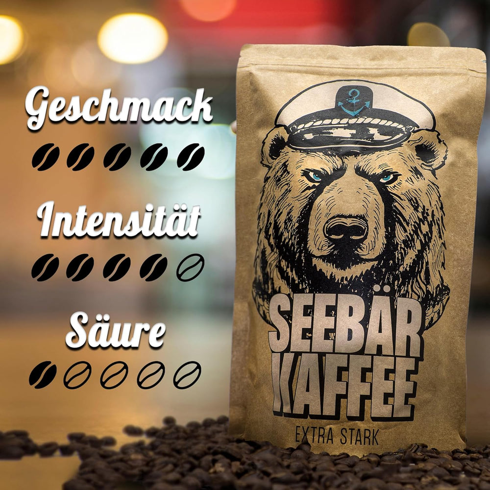 SEEBÄR COFFEE - Boabe de cafea extra tari - 500g - Aciditate scăzută și aromă intensă - Boabe întregi pentru aparate de cafea complet automate, espresso și French press - Conținut ridicat de cafeină și aciditate scăzută